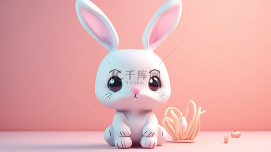 可爱的兔子玩具模型 3d 插图在柔和的粉红色背景下