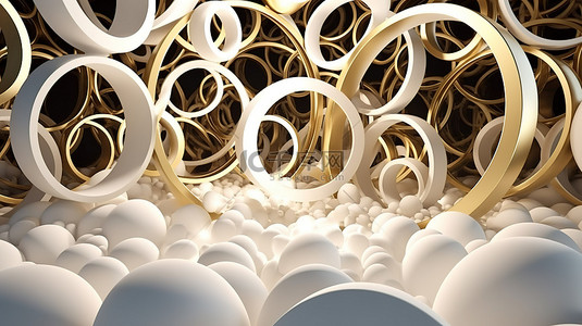金色和白色圆环的 3D 渲染，创建抽象背景