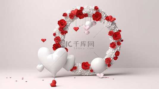 情人节花环令人惊叹的 3D 渲染，配有白色圆形底座心形气球和玫瑰装饰