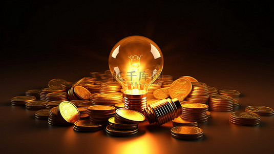金光科技背景图片_闪亮的灯泡照亮了 3D 渲染图像中的一堆金币