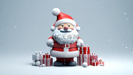 3d 渲染的圣诞老人主持着一座 3d 礼物山