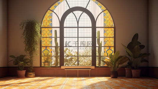 产品展示完美 3d 渲染阳光明媚的室内房间，带有充满活力的彩色玻璃窗，郁郁葱葱的植物和用于展示物品的基座