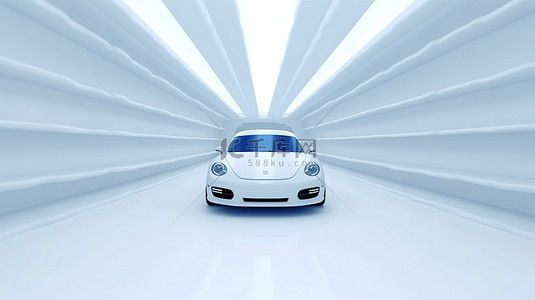 3D 渲染的白色塑料汽车位于带蓝色光束的照明白色房间中，是概念性光栅艺术品