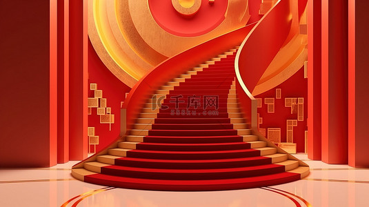 金色的 tiktok 标志闪耀在带有红地毯楼梯和豪华口音的讲台上