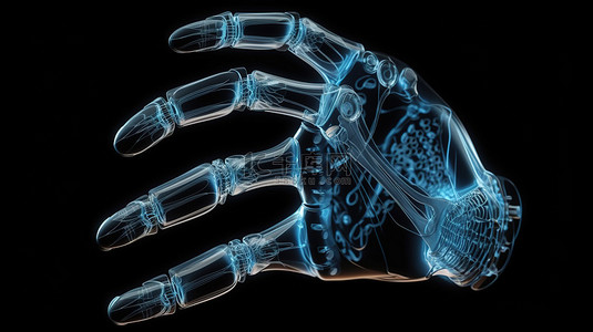 机器蓝色背景图片_隔离在黑色 X 射线机器人手或机器人手上，用手指在 3D 渲染中指向