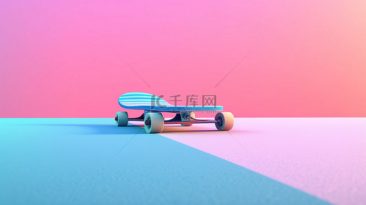 年轻滑板背景图片_粉色和蓝色背景下长板的 3D 渲染插图
