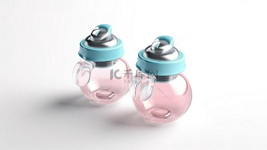 白色背景的 3D 渲染，带有空粉色和蓝色婴儿奶瓶和奶嘴模型
