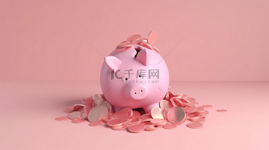 粉红色小猪背景图片_奶油色背景中的粉红色存钱罐周围聚集着硬币，是存钱的 3d 描绘