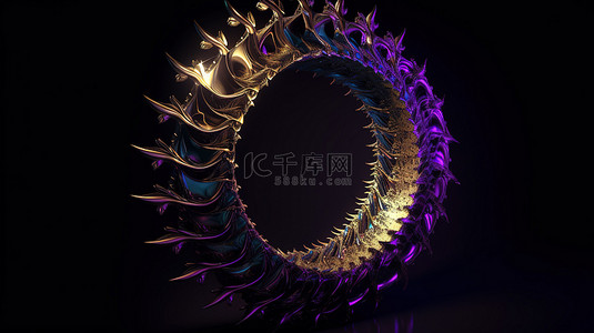 带尖螺旋设计的金属分形入口，紫色色调，在黑色背景上引人注目的 3D 渲染图像