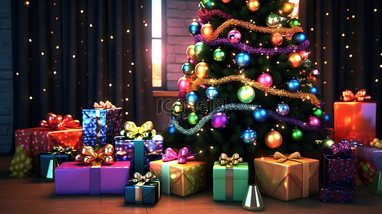 华丽的圣诞树装饰着充满活力的装饰品耀眼的灯光和 3D 礼品盒