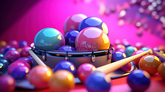手鼓背景图片_充满活力的紫色球与打击乐器 3d 渲染
