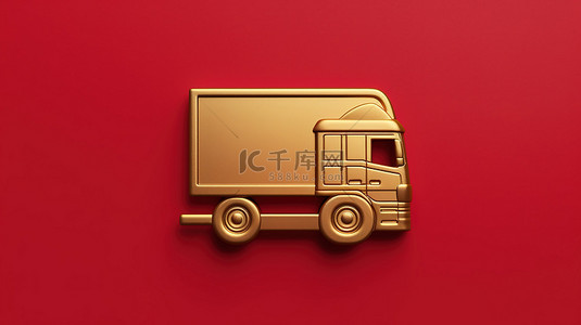 动画移动卡车图标红色背景上闪亮的金色货车符号 3D 渲染的社交媒体标志