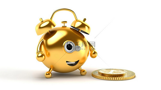 白色背景吉祥物人持有金色奖金硬币和忠诚计划闹钟的 3D 渲染