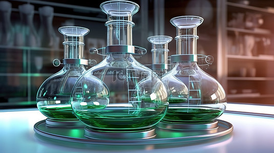 室内环境中化学烧瓶和实验室玻璃器皿的 3D 渲染