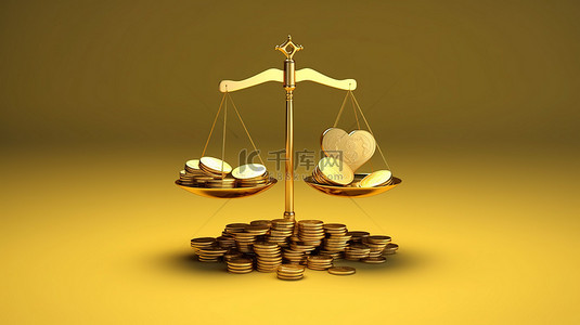 平衡爱与财富金币和心秤的 3D 渲染