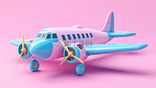 双色调蓝色背景展示 3D 粉色卡通喷气玩具飞机
