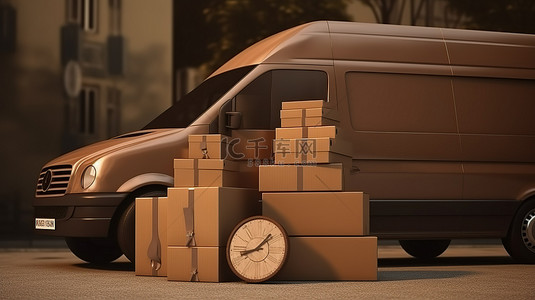 计时器和盒子堆叠在棕色货车的 3D 渲染中