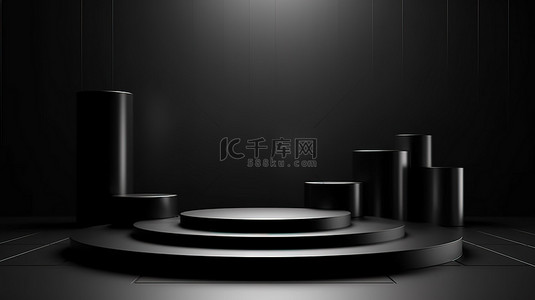 奢华时尚背景背景图片_用于产品展示的时尚黑色金属讲台的抽象 3D 渲染