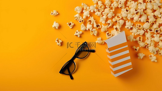 电影行业背景图片_娱乐行业道具电影拍板爆米花碗和黄色背景 3D 眼镜与皮影戏的顶视图