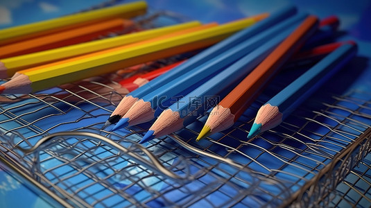 3D 插图文具套装蓝色铅笔彩色墨水笔普通铅笔和笼子里的学校笔记本