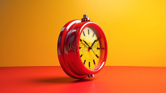 时间符号背景图片_3D 渲染中带有圆形红色闹钟符号的黄色背景透视图