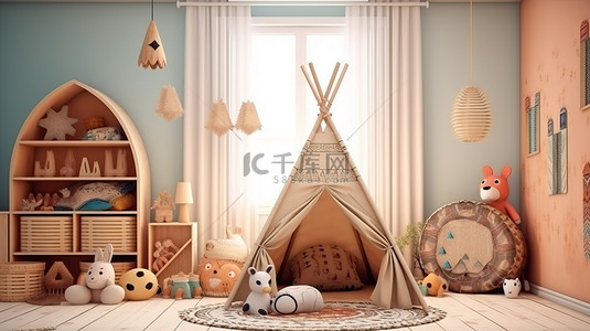 印度风格的相框与儿童房的俏皮装饰相得益彰，配有帐篷玩具箱和异想天开的玩具 3D 渲染