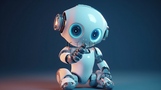 可爱的人工智能机器人轻轻指向 3D 渲染