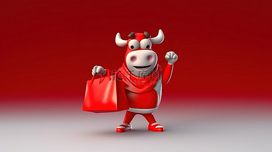 3D 中滑稽的红牛抓着购物袋