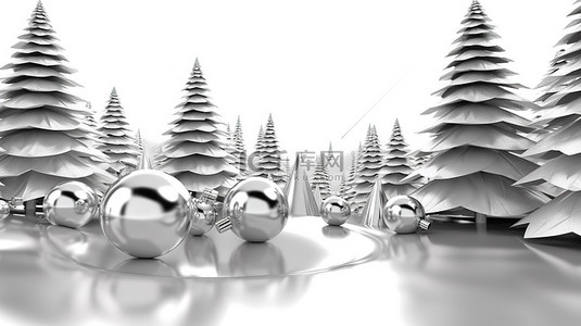 3d 插图白色背景上银色圣诞树的节日森林