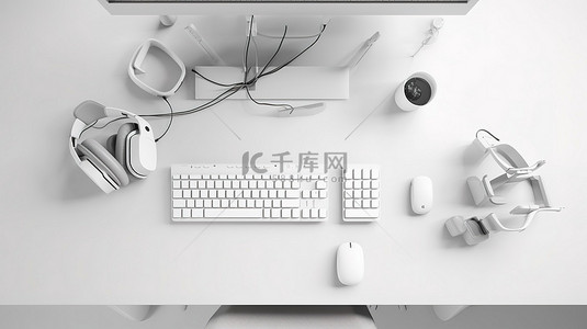 在 3d 渲染中以键盘鼠标和耳机为特色的白色工作区的鸟瞰图