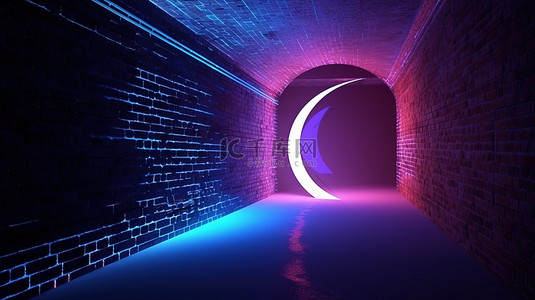 具有 3D 渲染技术的紫色和蓝色发光圆环隧道