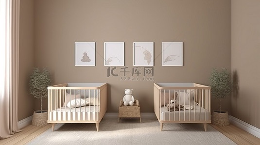 双胞胎dna背景图片_带双婴儿床和舒适室内设计的双胞胎托儿所的 3D 渲染