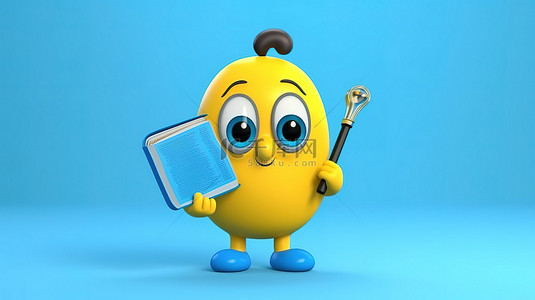黄色背景，3D 渲染的蓝书人物吉祥物拿着放大镜