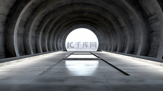 带有照明底座的混凝土隧道的 3D 渲染