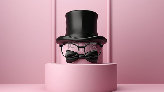 粉红色帽子背景图片_粉红色讲台，带有软呢帽眼镜胡子和领结的 3D 插图