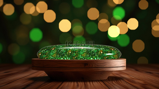 绿色散景灯照耀在 3D 木桌上