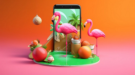 火烈鸟漂浮的 3D 插图，带有复制空间，用于在智能手机上在线暑假预订