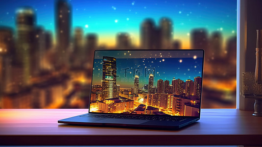 背景工作台背景图片_在夜间模糊的城市景观背景下，桌上笔记本电脑的 3D 渲染