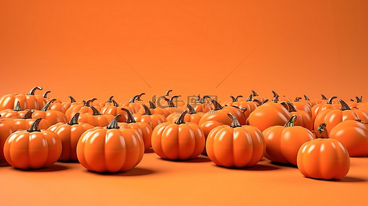 秋季广告充满活力的南瓜设置在橙色背景 3D 渲染横幅