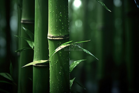 被绿色包围的竹秆的特写