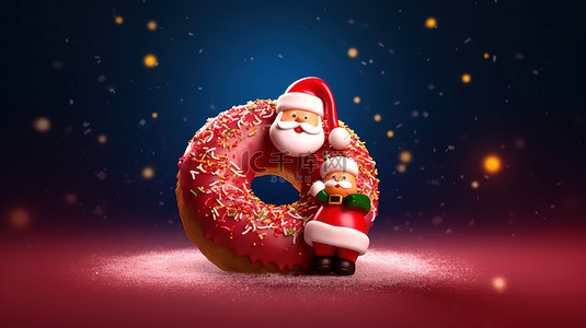 带有圣诞老人帽子的圣诞主题甜甜圈的 3D 渲染