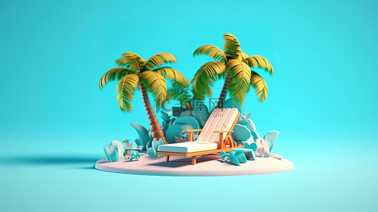 夏季度假低聚岛，配有棕榈树日光躺椅和蓝天背景 3D 渲染