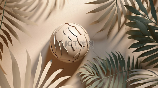 暑假背景图片_3d 渲染充气沙滩球和热带树叶阴影在米色夏季背景上