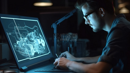 专业型背景图片_创新设计师在笔记本电脑上制作 3D 模型，然后使用专业打印设备将其变为现实