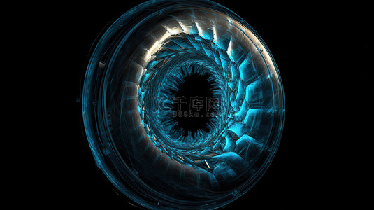 分形门户抽象蓝色金属圆形螺旋在孤立的黑色背景上的 3d 渲染