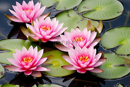 池塘里的一群粉红色睡莲
