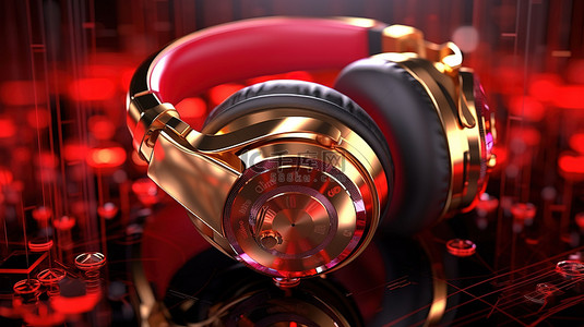 金色音符与 3D 渲染中充满活力的红色耳机相协调