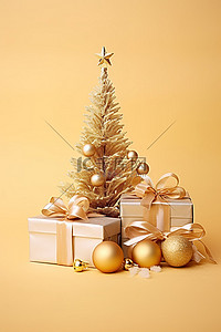 炫酷300分辨率背景图片_金色背景上有两棵树的圣诞快乐礼物