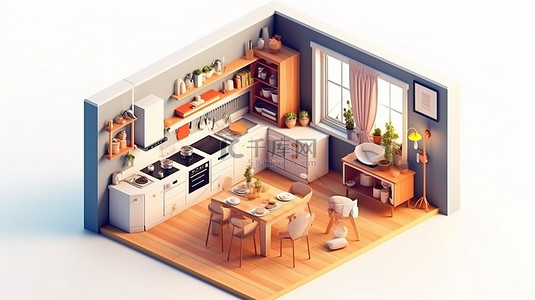 车智能家居背景图片_餐厅等距室内视图的 3D 插图，厨房配有橱柜厨具和炉灶