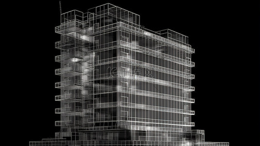 黑色背景下高层建筑外部的孤立 3d x 射线渲染